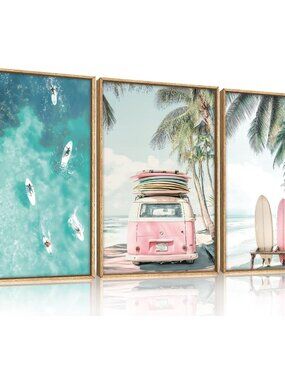Summer Surfboard Beach Framed Canvas Wall Art Set,Modern Ocean Surfing Seascape